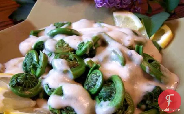 Fiddlehead Farne gedämpft mit einer cremigen Dijon-Sauce