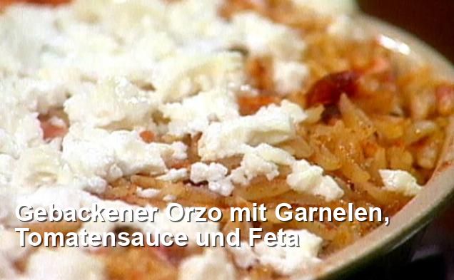 Gebackener Orzo mit Garnelen, Tomatensauce und Feta - Pescetarisch Rezepte